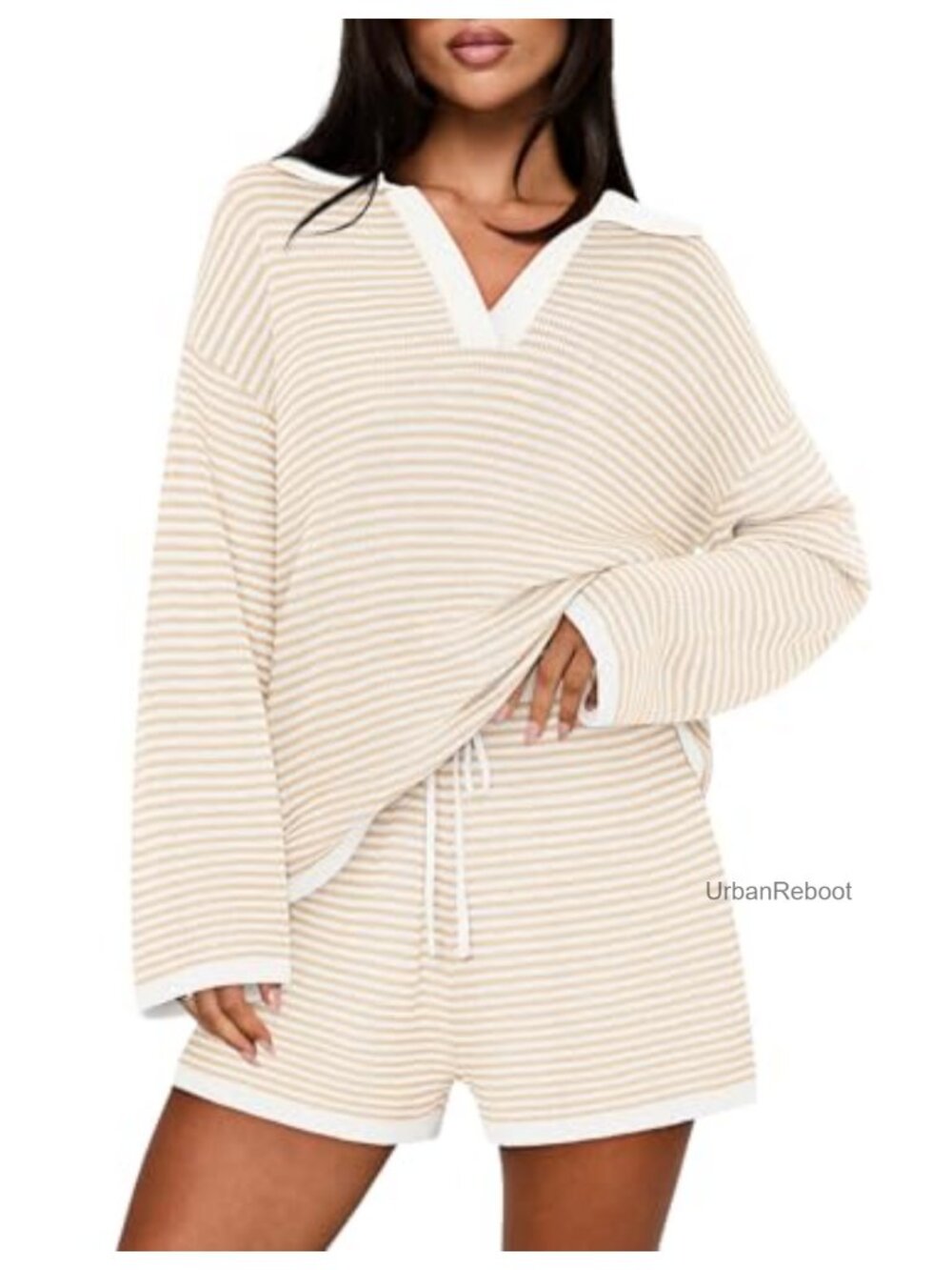 Women's 2 Piece Lounge Set Long Sleeve V Neck Striped Top & Shorts Matching